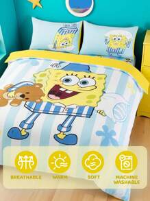 SpongeBob SquarePants | SHEIN 3 件套床上用品，柔软温暖的拉绒材质，蓝色条纹卡通图案羽绒被套，适用于单人床/双人床/大号床/特大号床 - 彩色 - 查看 11