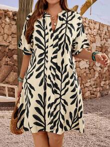 EMERY ROSE 大码女式植物图案V领无袖休闲连衣裙，夏季 - 黑色 - 查看 2