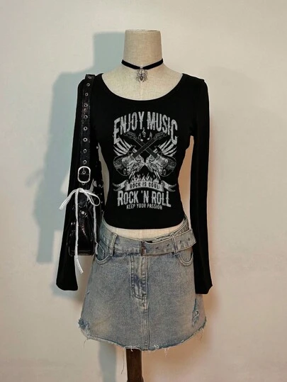 Attitoon Casual Minimalist Punk Street Style Rock Guitar Y2K Wing Graphic Print Women's Crew Neck Fitted Long Sleeve T-Shirt, Suitable For Early Autumn, Music Festivals Autumn And Winter,Y2k Tops