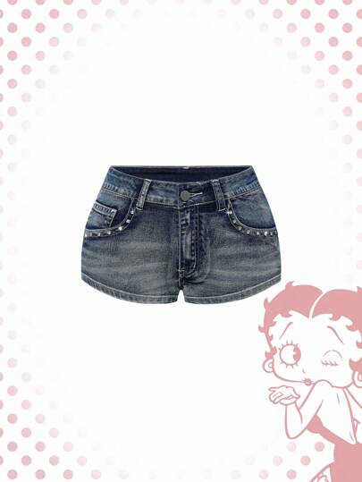 Betty Boop | ROMWE Pantalones cortos de pistol bordados de cintura baja vintage Millennium Punk Super para mujer