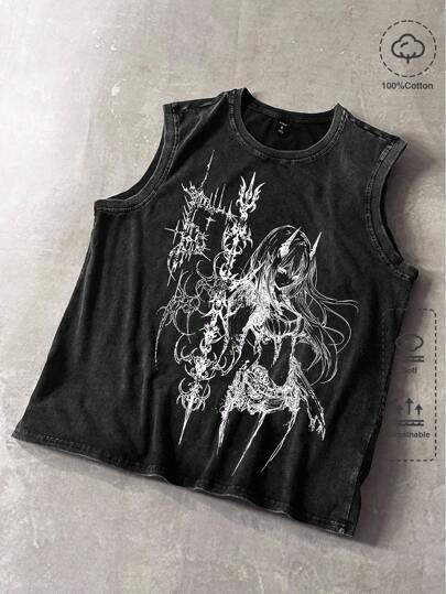Men's Y2K Casual Street Dark Japanese Anime Character Print Washed Tank Top, Summer