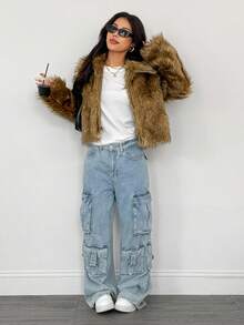 SHEIN PETITE Short Solid Color Fluffy Patchwork Fluffy Coat Y2k Fur Jacket In Fall/Winter ,Petite Women - Camel - View 5