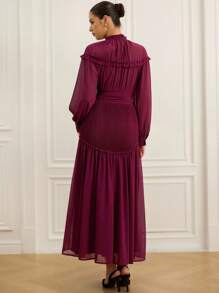 Aveloria Vestido de manga larga de gasa con pliegues y volantes en la cintura, de moda para el inicio del otoño para mujeres