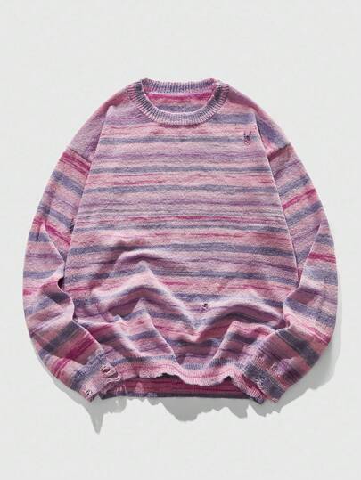 Street Life Casual Loose Fit Crew Neck Long Sleeve Pullover Striped Sweater For Men