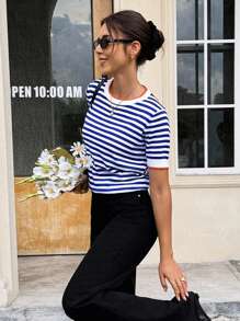 Serisse Striped Pattern Knit Top,Knitted Sweater Summer Casual - Blue and White - View 8