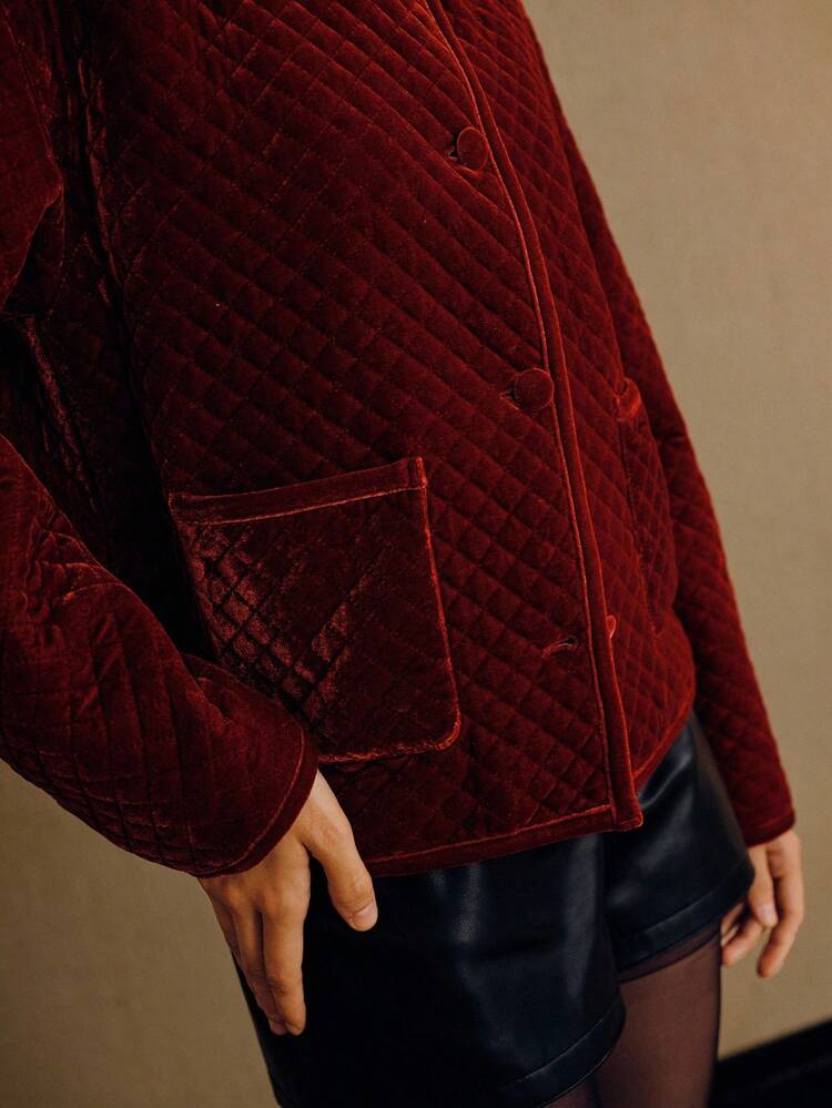 VELVET QUILTED PATTERN BUTTON UP WINTER COAT FOR AUTUMN & WINTER