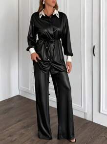 EURMUSE 2pcs/Set Women Rhinestone Collar Detailed Elegant Loose Long Sleeve Shirt And Wide Leg Pants Black Elegant Suit - Black - View 3