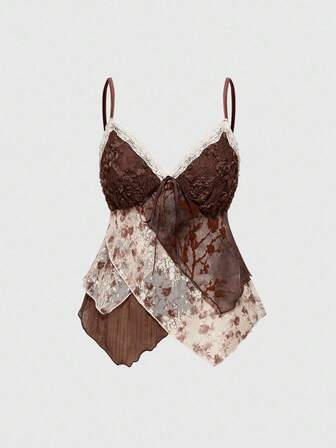ROMWE Avant Femmes Mori Kei Vintage Style Mori Cottagecore Patchwork en tissu Camisole à bordure de dentelle texturée