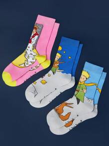 LE PETIT PRINCE X SHEIN 3 đôi tất dài đến bắp chân mềm mại, thoáng khí, thấm hút mồ hôi, thường ngày cho nữ, màu hồng và xanh dương, thời trang và dễ thương, mũi và gót được gia cố để bền bỉ trong mọi mùa, phù hợp với mọi phong cách, mặt trăng và ngôi sao - Nhiều màu - Xem 5