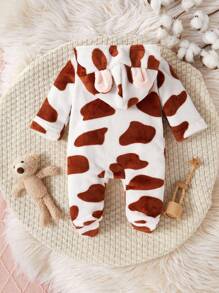 新生儿简约时尚可爱波尔卡圆点长袖连帽羊毛连体睡衣