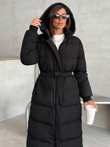 EURMUSE Women Hooded Belt Detailed Padded Long Winter Coat