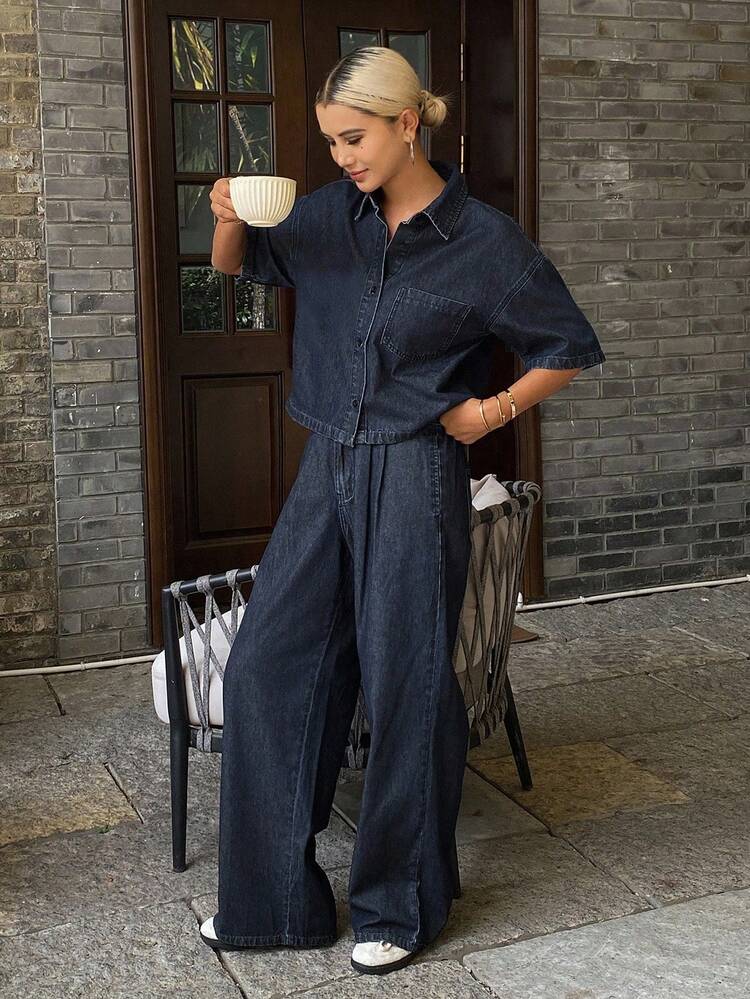 DAZY 女式西部牛仔风格做旧水洗宽松短袖翻领衬衫和阔腿裤休闲度假套装，春夏 - 藍色 - 查看 3