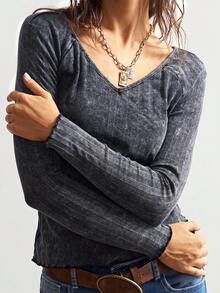 Bohemela 女士休闲纯色V领长袖T恤 - 黑色 - 查看 3