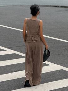 SHEIN EZwear 女式复古水洗雪花V领吊带背心和裤子套装，夏季 - 棕色 - 查看 2