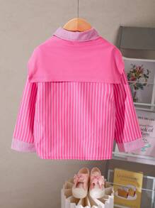 SHEIN Explorewe 2件套年轻女孩休闲条纹印花长袖开衫衬衫+玫红色披肩，秋冬 - 玫紅色 - 查看 2