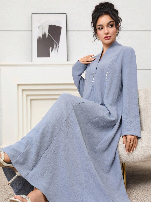 Yasmyna Abito lungo elegante da donna con scollo a V, maniche lunghe e design con bottoni, in colore unito, stile arabo