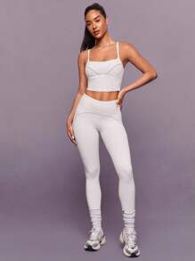 GLOWMODE 24英寸 FeatherFit™ Big Vibe 柔软弹力吸汗对比色虚线紧身裤，低冲击瑜伽普拉提工作室健身房日常活动 - 白色 - 查看 5