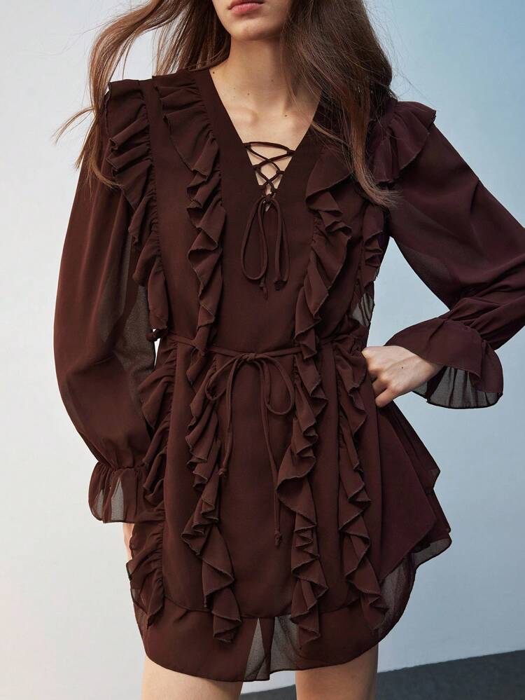 SHEIN Maija Women's Solid Color Tie-Up Design Ruffle Hem Long Sleeve Elegant Blouse Modern Vacation Nomadic Casual Fashion All-Match Women's Country Concert Clothing Western Style Women's Clothing Nomadic Style Bohemian High-End Elegance All-Match Country Concert Clothing Ruffle Stitching Design Decorative Embellishment  Country Concert, Western Style Clothing, High-Grade Fabric, Comfortable And Breathable Fall Clothes