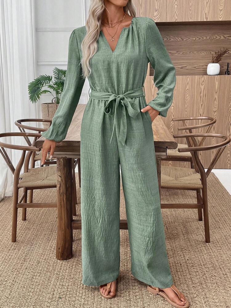 Women's Solid Color V-Neck Lantern Sleeve Casual Wide-Leg Jumpsuit, Green Jumpsuit, Women's Long-Sleeved Jumpsuit, Linen Jumpsuit, Women's Jumpsuit, Autumn Women's Clothing, Retro Style Women's Jumpsuit, Women's Jumpsuit, Women's Overalls, Women's Jumpsuit, Elegant Women's Jumpsuit.