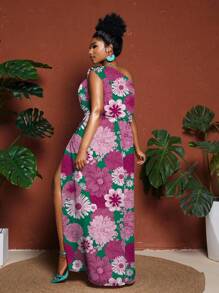 Maweii 加大码彩色花卉印花不对称领口高开叉时尚长裙 - 彩色 - 查看 6
