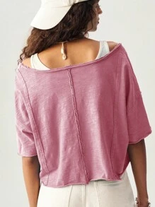 Bohemela 女士休闲纯色V领短袖宽松T恤 - 粉色 - 查看 2