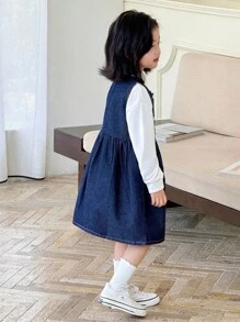 Genkimix Kids 2 pezzi Set di Vestito Salopette in Jeans e Maglietta Bianca a Maniche Lunghe per Ragazze, Abbigliamento per il Ritorno a Scuola, Divisa Scolastica, Outfit per il Ritorno a Scuola dei Bambini - Blu Navy - Visualizzare 5