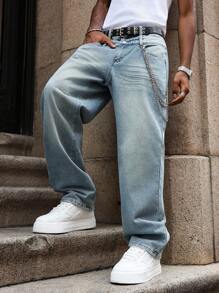 PAVTROS Manfinity Streetrush Street Style Light Wash Blue Straight Leg Jeans With Multi-Layer Designer Details, Spring/Summer - Light Wash - View 6