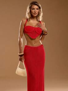 SHEIN BAE 女士休闲波西米亚风系带半身裙 - 紅色 - 查看 4