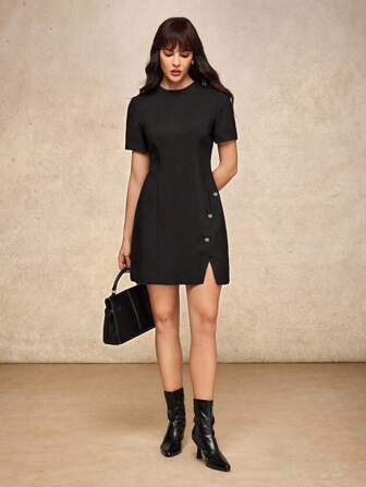 House of One Old Money Solid Black Round Neck Button Decoration Mini Fitted Dress Women Elegant Fall Women Clothes Autumn Black Dress Short Sleeve Dress Mod Dress Fall Outfits Business Professional Women Business Casual Woman