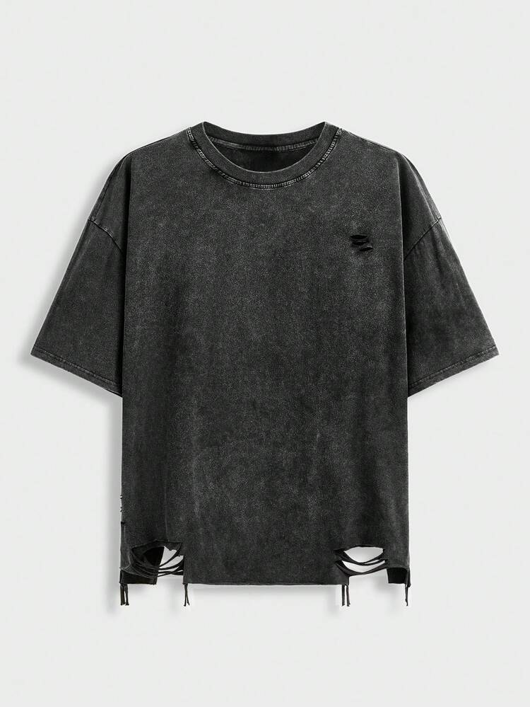 EASEVO Men Plus Size Summer Short Sleeve Black Distressed Ripped T-Shirt, Emo - Black - View 1