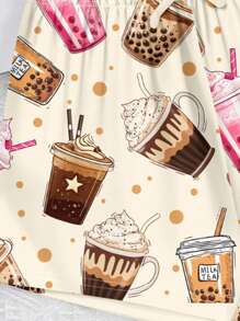 SHEIN Leap Crew Teen Girl Bubble Tea Print Casual Loose Simple Round Neck Short Sleeve Shorts Loungewear Set, Suitable For Spring & Summer - Multicolor - View 6