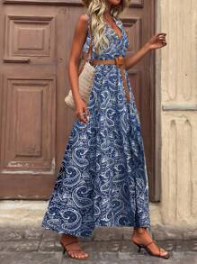 Breezaya V-Neck Sleeveless Paisley Print Boho Long Maxi Vacation Split Front Dress Women (No Belt) - Navy Blue - View 6