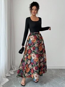 Elenzga Váy chắp vá hoa jacquard thanh lịch dành cho nữ - màu đen - Xem 6