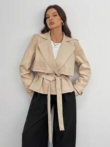 SHEIN Tall 秋冬女士纯色翻领插肩袖短款风衣系腰夹克 - 駝色 - 查看 7