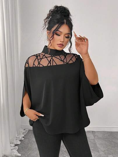 SHEIN Raffinéa Plus Size Elegant Slimming Mesh Patchwork Batwing Sleeve Blouse