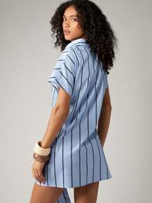 AiiRZ Vestido camisero corto de rayas casual con botones, nudo lateral, manga corta, cuello, para verano, primavera, vacaciones, playa, resort, de algodón