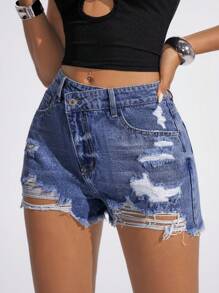 Jeanoix Damen Destroyed Fransensaum Lässige Vielseitige Denim-Shorts, Sommer - Mittele Waschung - Übersicht 6