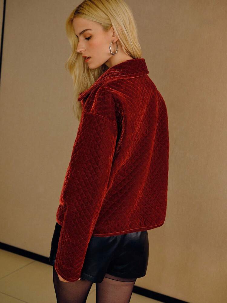 VELVET QUILTED PATTERN BUTTON UP WINTER COAT FOR AUTUMN & WINTER