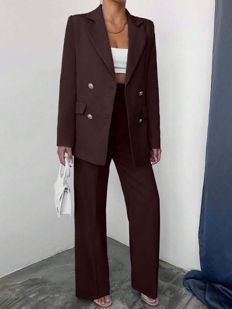 Women's Solid Color Lapel NeckLong Sleeve Jacket And Pants Casual Suit Set - Brown - View 5