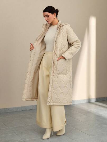 CLARA VERO Women Hooded Pocket Detailed Winter Coat Womens Long Winter Coat Long Quilted Coat Women Hooded Long Coat Women