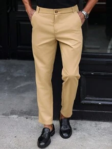 Manfinity Mode Men's Casual Solid Color Tapered Dress Pants With Zipper Closure For Work, Zipper Front Side Pocket Slim Fit Suit Pants, Business Formal Style, Old Money - Khaki - View 1