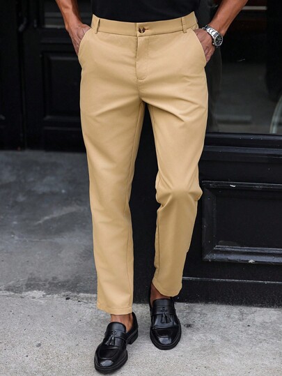 Manfinity Mode Men's Casual Solid Color Tapered Dress Pants With Zipper Closure For Work, Zipper Front Side Pocket Slim Fit Suit Pants, Business Formal Style, Old Money