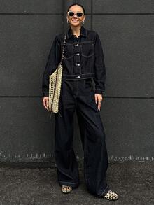 DAZY 女士休闲通勤牛仔夹克和裤子套装秋冬 - 藍色 - 查看 2