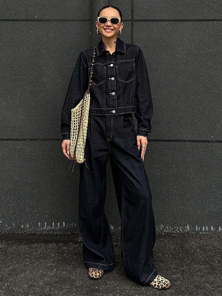 DAZY 女士休闲通勤牛仔夹克和裤子套装秋冬 - 藍色 - 查看 2