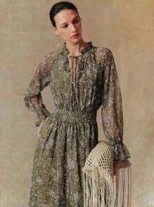 Arave 编织花卉印花圆领荷叶边饰 V 领长喇叭袖优雅休闲户外通勤度假女士连衣裙，春夏秋季 - 綠色 - 查看 3