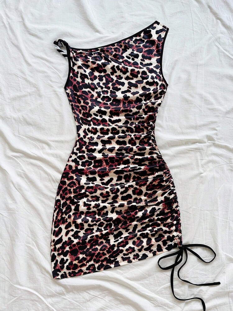 SHEIN WYWH 女士度假豹纹撞色红色不对称扭纹抽绳褶饰紧身迷你连衣裙，时尚派对、圣诞节、约会、海滩、游轮、下午茶、波西米亚风、波西米亚风、浪漫花卉 - 彩色 - 查看 2