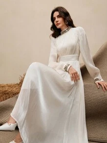 Anewsta Women's High-End Elegant Flowing Rhinestone Embellished Long Dress - White - View 5