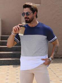 Manfinity Dauomo 男士休闲撞色圆领短袖T恤，夏季 - 彩色 - 查看 3