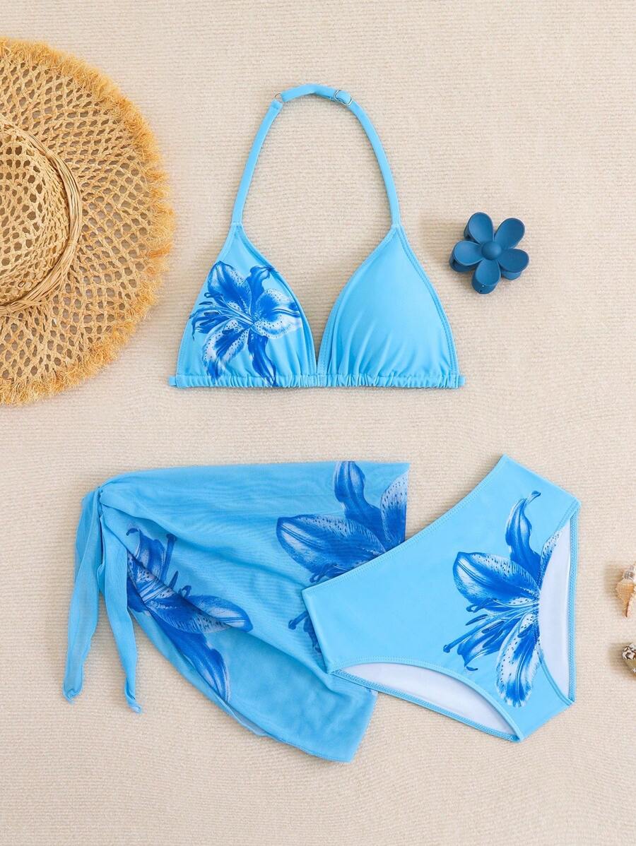 SHEIN 女童可爱碎花三角比基尼泳装套装（印花随机） - 彩色 - 查看 1