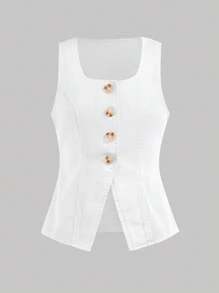 SHEIN Tween Girl Spring Summer Casual Street Fashion Plain V-Neck Sleeveless Vest Top And Baggy Straight-Leg Pants Denim Two Pieces Set,Summer Beach Boho Vacation Shorts, Summer Concert Festival Casual Rave Outfits, Girls Summer Brunch Graduation Outfits,Tween Girls Sleeveless Denim Camisole And Long Pants Set With Scoop Neck, Tween White Jumpsuit, Teen Pant Suit - White - View 7